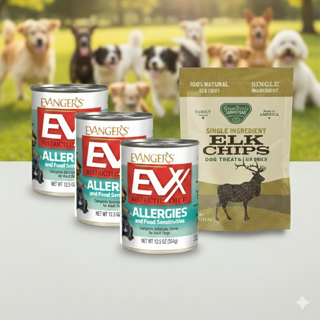 Gemini_Generated_Image_apmprkapmprkapmp.png Sensitive Support Bundle 3× EVX Restricted Diet 12.5 oz + Elk Chips Treats Poultry-Free - Image 1